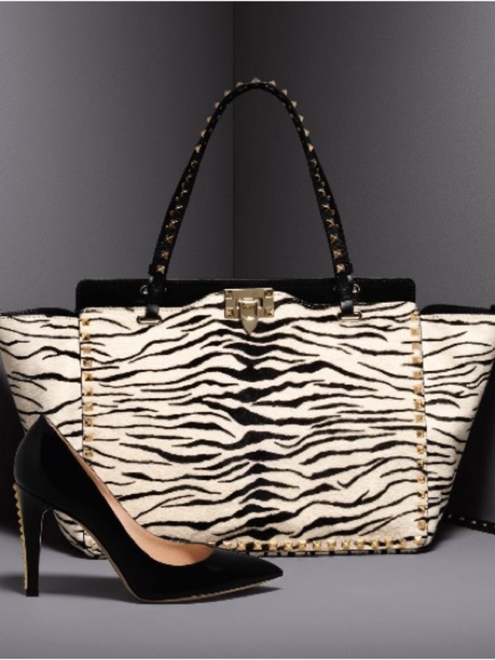 Valentino Garavani Black & White Zebra-Print pony hair Studded Tote